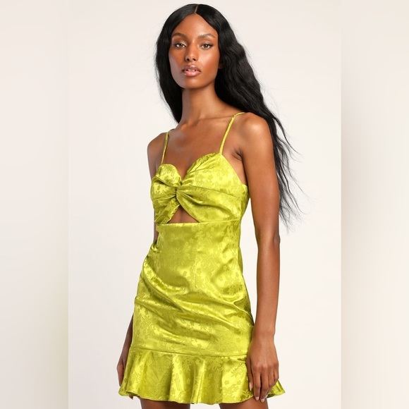 Put Me In a Trance Lime Green Satin Jacquard Cutout Mini Dress - Picture 1 of 13